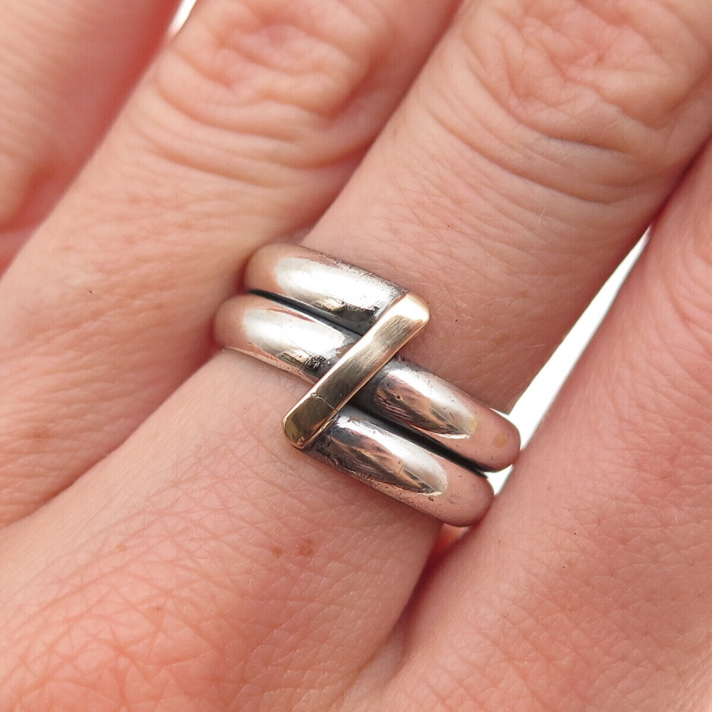 925 Sterling Silver 14K Gold Vintage Modernist Bypass Oxidized Ring Size 6.75